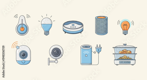 Collection of smart home devices including cameras, lights, air purifier, and appliance