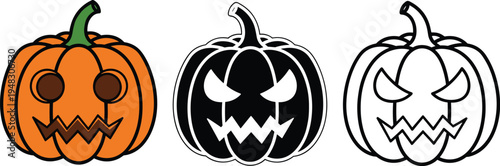 Halloween jack‑o’‑lantern pumpkin collection, spooky and friendly carved faces vector illustration for holiday decor, celebration, flat vector illustration