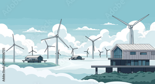Modern homes and wind turbines dot a cloudy landscape