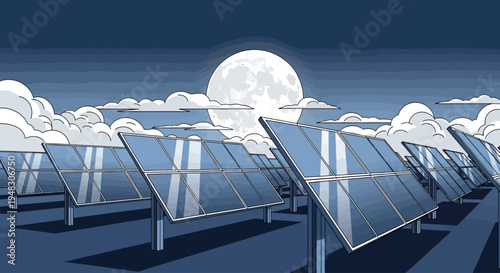 A vast solar farm beneath a luminous moon and cloudy night sky