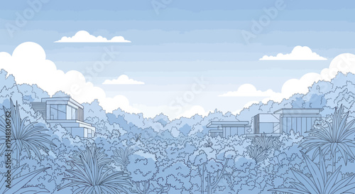 Modern homes nestled amidst lush, blue-hued foliage under a cloudy sky