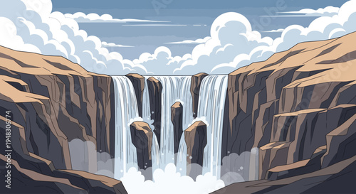 A grand waterfall cascades over rocky cliffs under a cloudy blue sky