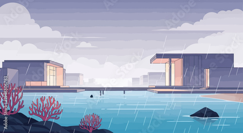 Modern buildings beside a tranquil lake under a cloudy, rainy sky