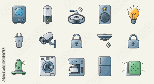 Collection of icons representing smart home devices and security elements