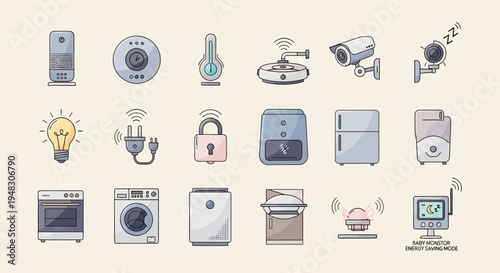 Collection of smart home device icons, including appliances, security, and monitoring