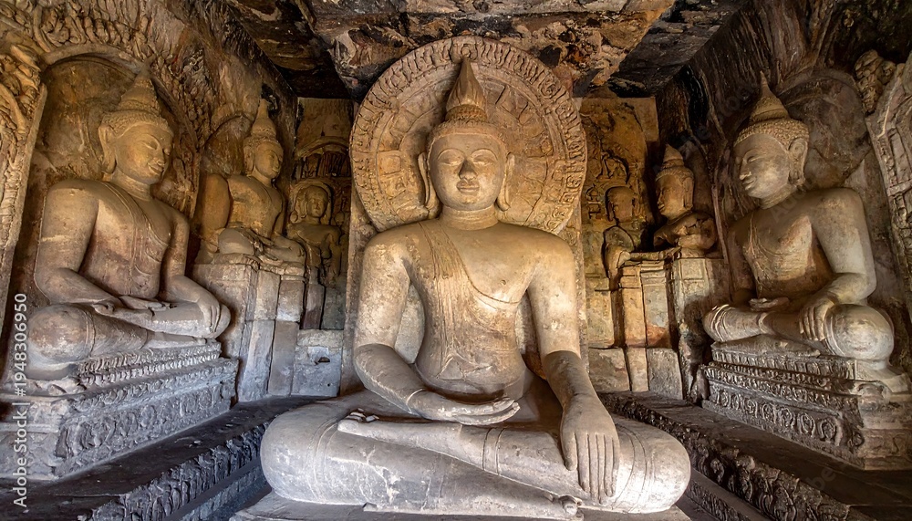 Obraz premium Carved Buddha statues in a cave temple