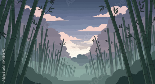 A serene bamboo forest path unfolds under a dusky sky with soft clouds