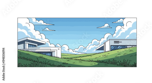 Two modern houses sit on rolling green hills under a blue sky filled with clouds