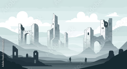 Misty landscape with ancient ruins and two silhouetted figures