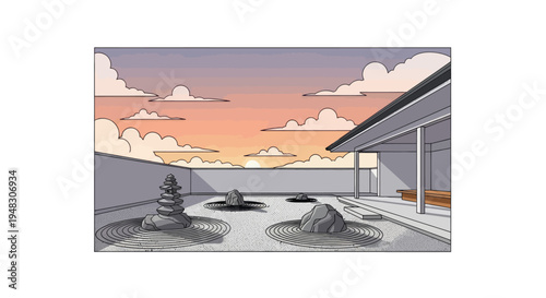 Serene Japanese garden with raked sand, stacked stones, and sunset
