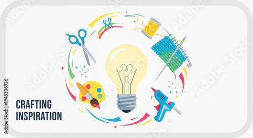 Crafting inspiration concept with creative tools around lightbulb on white background