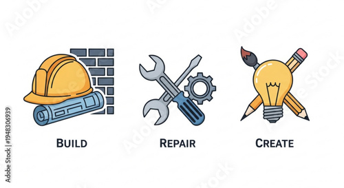 Three icons representing build repair and create concepts with tools and symbols