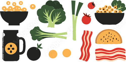 Healthy Breakfast Ingredients Set with Cereal, Bacon, Vegetables, and Tomato for Nutritious Morning Meal