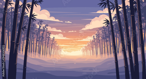 Silhouetted bamboo forest path leading to a vibrant sunset sky