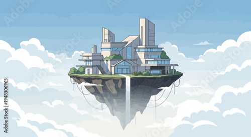 Futuristic abode on a floating island amidst a cloudy sky