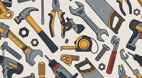 Collection of assorted hand tools and equipment for construction and diy projects on a neutral background