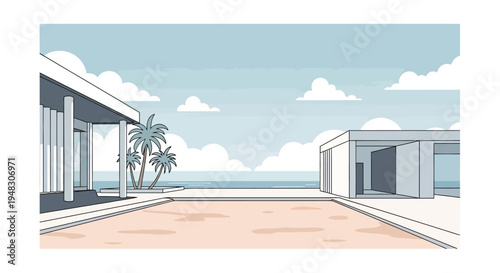 Modern buildings with palm trees at a sandy beach overlooking the ocean under clouds