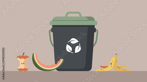 Compost bin with organic food waste like apple core, watermelon, banana peel