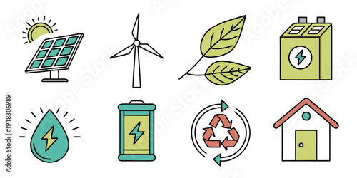 eco friendly icons including renewable energy and recycling Vector