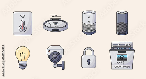 A collection of smart home devices including a thermostat, robot vacuum, speakers, lightbulb, camera, lock, and appliance