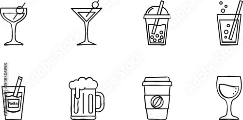 Set of Drink Icons Including Cocktail, Beer, Coffee, and Soft Drinks for Bar, Cafe, and Beverage Menus