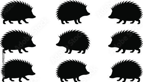 Hedgehog silhouette collection vector set cute spiky woodland animal icons forest wildlife illustration black animal silhouettes