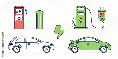 electric car being charged at a green fuel station Vector