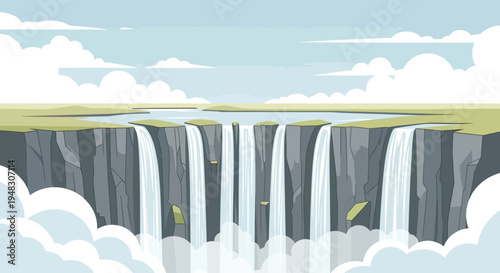 A vast, multi-tiered waterfall cascades into a misty abyss under a cloudy sky