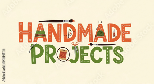 Handmade projects logo with paintbrush scissors and spool of thread on cream background
