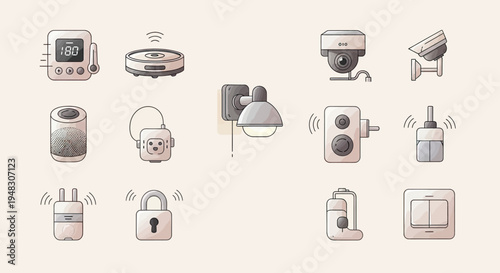 A collection of smart home devices thermostat, robot, cameras, speakers, lights, lock, & switch