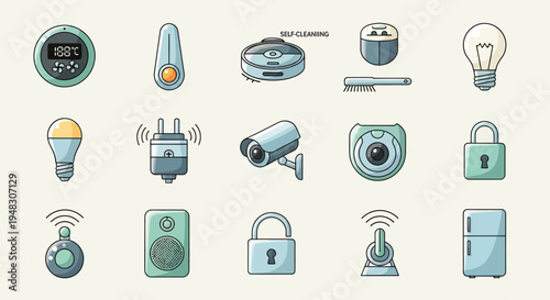 Collection of smart home devices including thermometers, cameras, lights, and locks