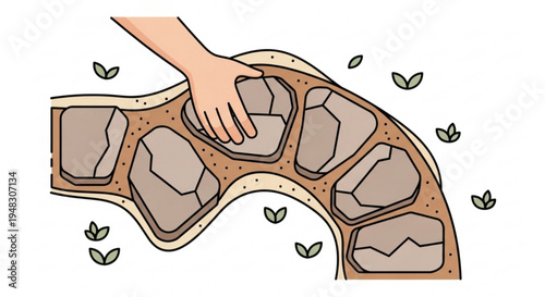 Person building a stone wall with hand placing rocks construction and architecture concept gardening and landscaping idea with brown stones and soil