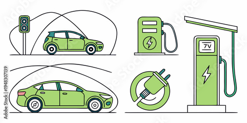 electric car charging station and cars Vector