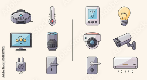 Smart home device icons vacuum, thermometer, remote, light, monitor, speaker, cameras, lock, plug, AC