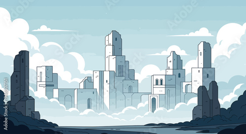Stylized, minimalist ancient city emerges from a sea of clouds