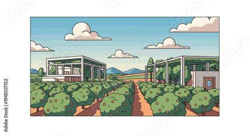 A stylized orchard with modern structures, rolling hills, and clouds under a blue sky