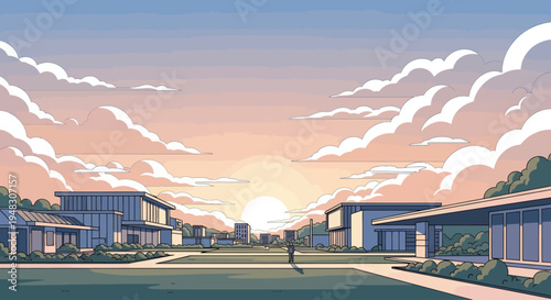 A solitary figure stands in a modern architectural landscape at sunset