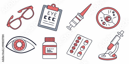 Medical and health icons including glasses and syringe Vector