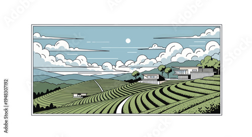 Stylized landscape with terraced fields, modern homes, and a cloudy sky