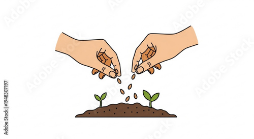 Hands planting seeds in soil with small green sprouts growing