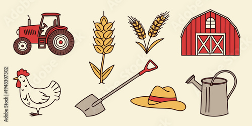 farm tools and icons on beige background Vector