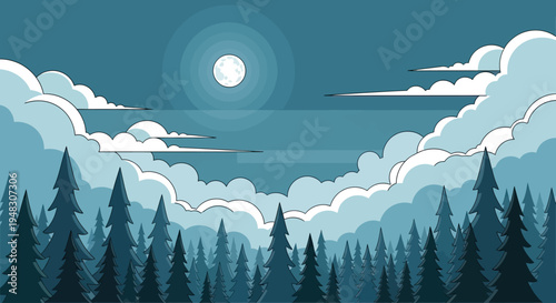 Moonlit forest scene with layered trees and puffy clouds