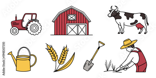 farm icons including tractor and farmer Vector