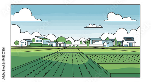 Pastoral landscape with scattered houses and cultivated fields under a cloudy sky