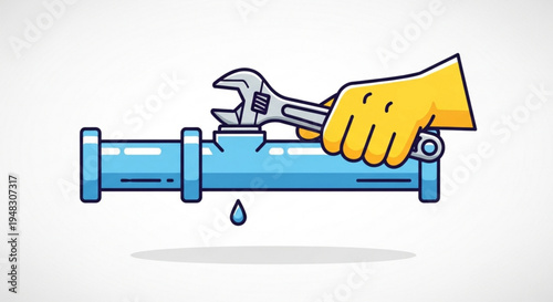Hand in yellow glove fixing leaky blue pipe with adjustable wrench water drip