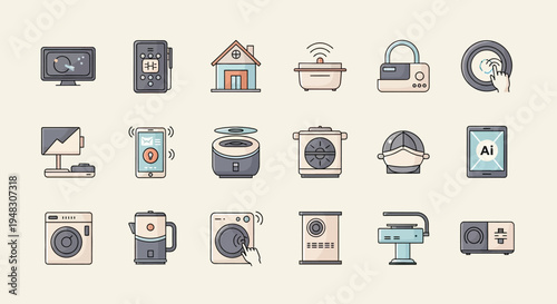 A collection of electronic devices and smart home appliances depicted as icons