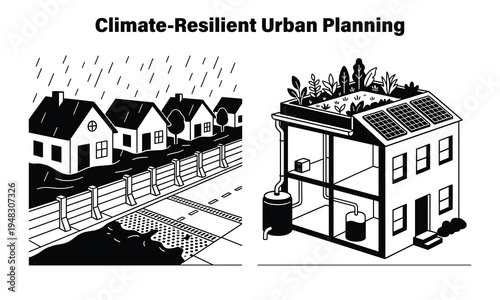 sustainable eco-friendly urban planning illustration with solar panels and green roofs