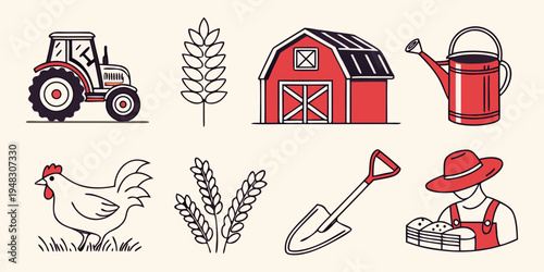 farm icons including tractor and chicken Vector