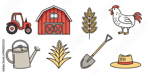 farm icons including tractor and chicken Vector