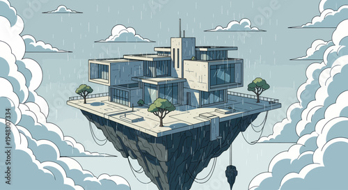 A modern island dwelling floats serenely amidst a sky filled with falling rain and soft clouds